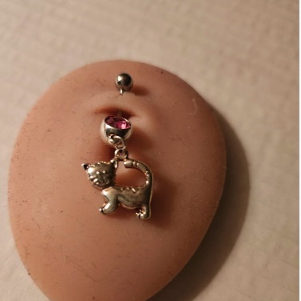 Dangle Pretty Kitty Cat Pink Crystal Navel Ring ~ N-5044-POSH